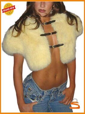 Super Crop Faux Fur Coat Short Sleeve Buckle Going Out Jacket Y2K Style